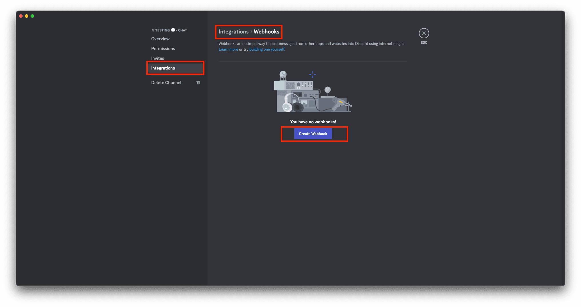 Discord with the Integration -> Webhooks and Create Webhook button highlighted.