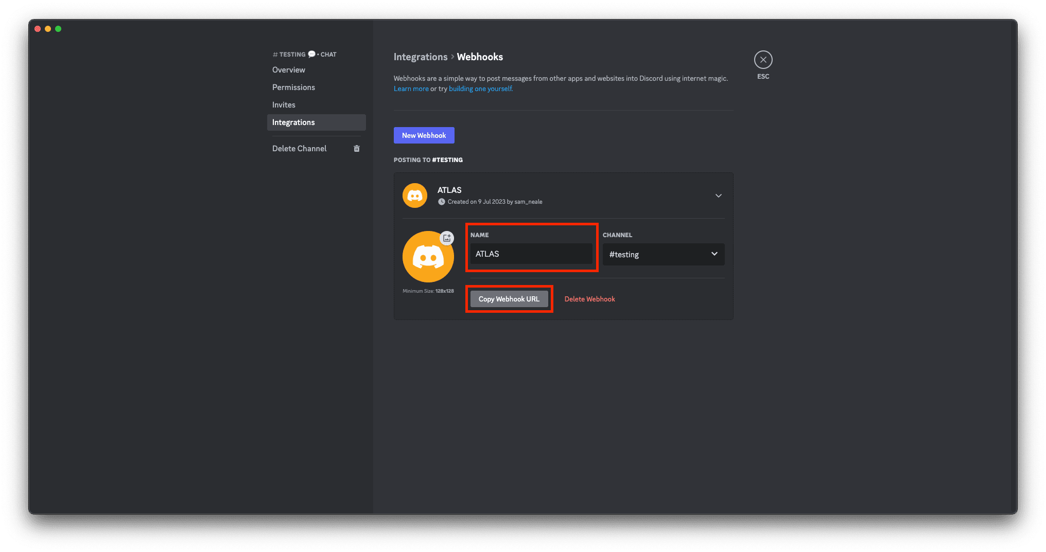 Discord with the name input and copy webhook button highlighted